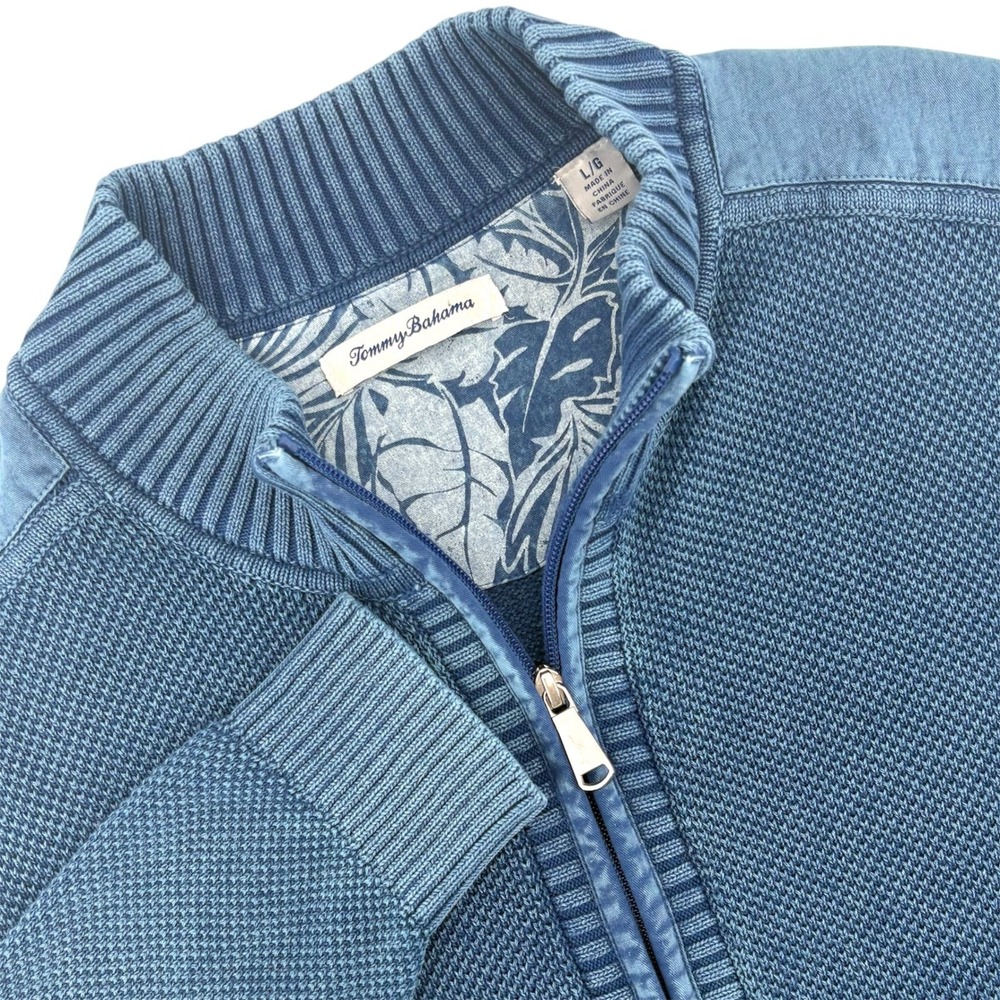 Tommy Bahama Mens Blue Waffle Knit Full Zip Cardigan Sweater Mock Neck Large